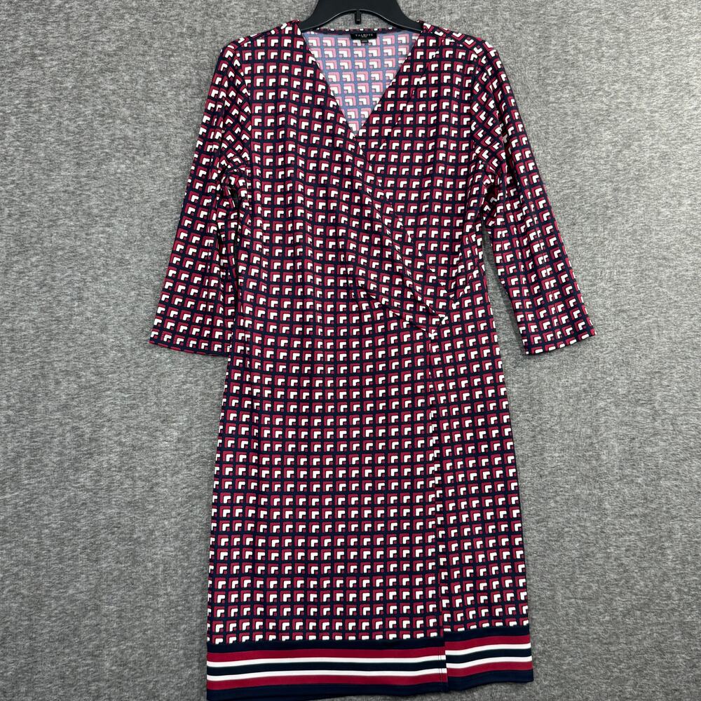 Talbots Petite Large Faux Wrap Dress Blue Red White Geometric Stripe 3/4 Sleeve